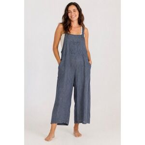 FLAX Jeanne Engelhart Linen Overalls Wide Leg Crop Jumpsuit Lagenlook Blue L/XL